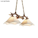 GobekUsa Traditional Bell Ceiling Lamp: 2-Bulb Bedroom Island Light Fixture with Antler Arm in Flaxen Fabric