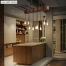 GobekUsa 10-Head Metal Pendant Lamp with Exposed Bulbs and Wood Beam in Brown Finish