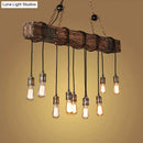 GobekUsa 10-Head Metal Pendant Lamp with Exposed Bulbs and Wood Beam in Brown Finish