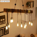 GobekUsa 10-Head Metal Pendant Lamp with Exposed Bulbs and Wood Beam in Brown Finish
