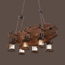 GobekUsa Rustic Clear Glass Island Pendant Light with Wooden Fish Design - Brown Caged 6-Bulb Hanging Lighting for Dining Room