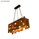 GobekUsa Wooden Rectangle Restaurant Island Chandelier Pendant with Hollow Out Design - Brown, 2/3 Bulbs, Countryside Style
