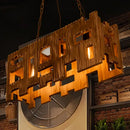 GobekUsa Wooden Rectangle Restaurant Island Chandelier Pendant with Hollow Out Design - Brown, 2/3 Bulbs, Countryside Style