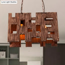 GobekUsa Wooden Rectangle Restaurant Island Chandelier Pendant with Hollow Out Design - Brown, 2/3 Bulbs, Countryside Style