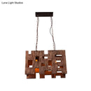 GobekUsa Wooden Rectangle Restaurant Island Chandelier Pendant with Hollow Out Design - Brown, 2/3 Bulbs, Countryside Style