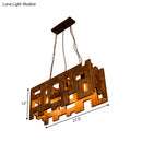 GobekUsa Wooden Rectangle Restaurant Island Chandelier Pendant with Hollow Out Design - Brown, 2/3 Bulbs, Countryside Style