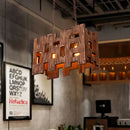 GobekUsa Wooden Rectangle Restaurant Island Chandelier Pendant with Hollow Out Design - Brown, 2/3 Bulbs, Countryside Style