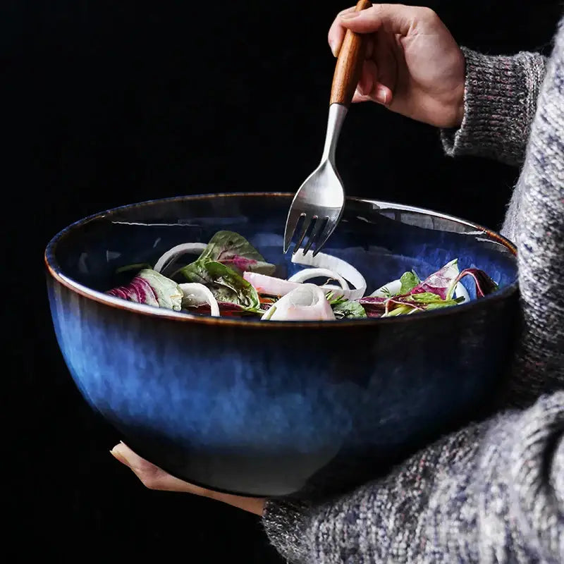 GobekUsa Deep Blue Ceramic Porcelain Salad Bowl - 2L Capacity