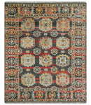 Rustic Hand knotted Traditional 8x10 Charcoal And Red Wool Rug