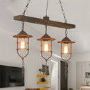 GobekUsa Caged Rustic Metal Pendant Light Fixture with Wooden Beam - 3 Lights Hanging Lamp Kit