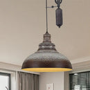 GobekUsa Rustic Industrial Dome Pendant Lamp with Pulley - 1 Light Metal Fixture in Brown/Grey for Living Room Lighting