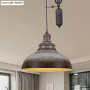 GobekUsa Rustic Industrial Dome Pendant Lamp with Pulley - 1 Light Metal Fixture in Brown/Grey for Living Room Lighting