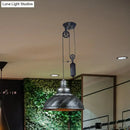 GobekUsa Rustic Industrial Dome Pendant Lamp with Pulley - 1 Light Metal Fixture in Brown/Grey for Living Room Lighting