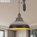 GobekUsa Rustic Industrial Dome Pendant Lamp with Pulley - 1 Light Metal Fixture in Brown/Grey for Living Room Lighting