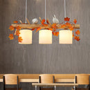 GobekUsa Ivory Glass Wood Island Pendant - Industrial Style with Maple/Green Leaf and Bird Décor - 2/3 Bulbs