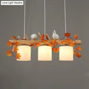 GobekUsa Ivory Glass Wood Island Pendant - Industrial Style with Maple/Green Leaf and Bird Décor - 2/3 Bulbs