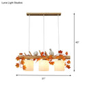GobekUsa Ivory Glass Wood Island Pendant - Industrial Style with Maple/Green Leaf and Bird Décor - 2/3 Bulbs