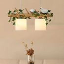 GobekUsa Ivory Glass Wood Island Pendant - Industrial Style with Maple/Green Leaf and Bird Décor - 2/3 Bulbs