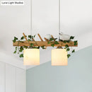 GobekUsa Ivory Glass Wood Island Pendant - Industrial Style with Maple/Green Leaf and Bird Décor - 2/3 Bulbs