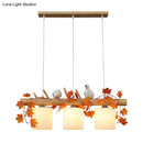 GobekUsa Ivory Glass Wood Island Pendant - Industrial Style with Maple/Green Leaf and Bird Décor - 2/3 Bulbs