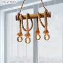 GobekUsa Lodge Industrial Beige Island Light with Adjustable Rope and Bamboo - 3/4 Lights Open Bulb
