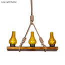 GobekUsa Rustic Loft Pendant Light with Yellow Cracked Glass Shade - Wooden Linear Island Lamp - 3 Lights for Living Room