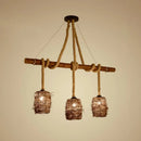 GobekUsa Rustic Rattan Woven Island Pendant – 3-Bulb Dining Room Hanging Light Fixture in Wood