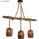 GobekUsa Rustic Rattan Woven Island Pendant – 3-Bulb Dining Room Hanging Light Fixture in Wood