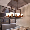 GobekUsa Rustic White Glass Square Restaurant Island Light with 8 Lights & Bronze Ceiling Mount - with/without Wine Glasses