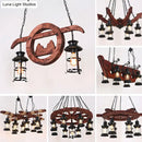 GobekUsa Farmhouse Brown Lantern Pendant Lamp with Clear Glass and Multiple Wood Arm Designs - Island Light with 2/6/8 Lights