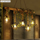 GobekUsa Rustic Wooden Brown Island Light with 5 Heads, Cage Shade, and Green Art Ivy Pendant