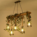 GobekUsa Rustic Wooden Brown Island Light with 5 Heads, Cage Shade, and Green Art Ivy Pendant