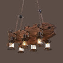 GobekUsa Rustic Clear Glass Island Pendant Light with Wooden Fish Design - Brown Caged 6-Bulb Hanging Lighting for Dining Room