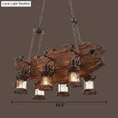 GobekUsa Rustic Clear Glass Island Pendant Light with Wooden Fish Design - Brown Caged 6-Bulb Hanging Lighting for Dining Room
