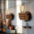 Rustic wooden hand model wall lamp living room vintage light by Decorbites