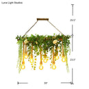 GobekUsa Rustic Wooden Linear Suspension Lamp: Green Island Light Fixture with Decorative Vines and Rose Accents