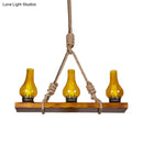 GobekUsa Rustic Loft Pendant Light with Yellow Cracked Glass Shade - Wooden Linear Island Lamp - 3 Lights for Living Room