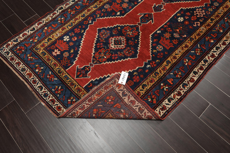 4'7" x 11'9" Hand Knotted Wool Traditional Runner Vegetable dyes Area Rug Red