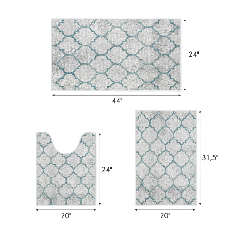 Geometric Design 3 Piece Bathroom Rugs Set | Gray&Teal
