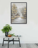 Hand Painted Acrylic Wall Art Landscape Golden Trees on a 35 x 47 Rectangular Canvas with a Black Wooden Frame
