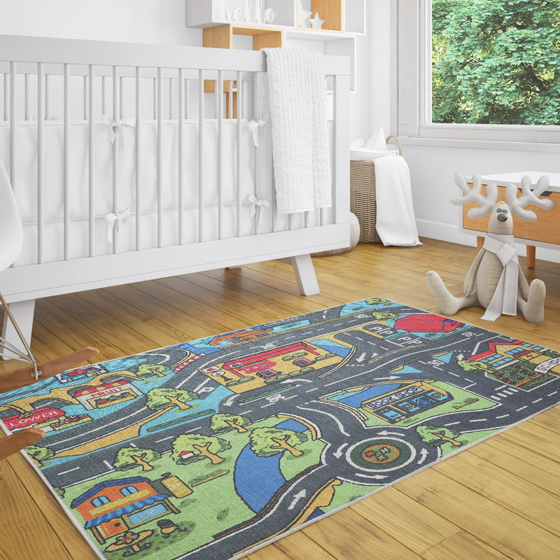 Low Pile- Non-Slip- Educational Kids Rug for Playroom |Road Pattern |39.5 x 59 Inches