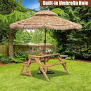 2-in-1 Transforming Interchangeable Wooden Picnic Table Bench with Umbrella Hole-Dark Brown by LJGDeals