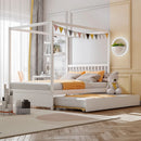 Full Size Canopy Bed with Trundle Wooden Platform Bed Frame Headboard by LJGDeals