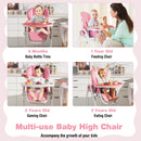 Baby High Chair Foldable Feeding Chair with 4 Lockable Wheels-Pink