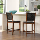 Set of 2 Woven Bar Stools with Faux PU Leather Straps-Black by LJGDeals