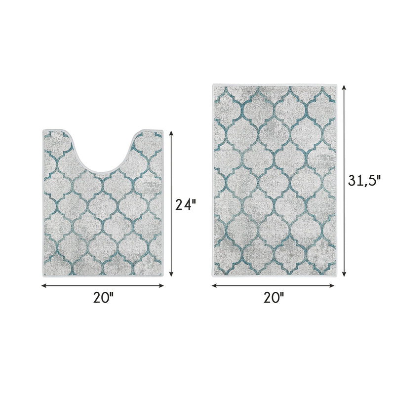 Geometric Design 2 Piece Bathroom Rugs Set | Gray&Teal
