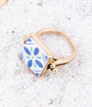 Santorini Blue and White Tile Golden Statement Ring