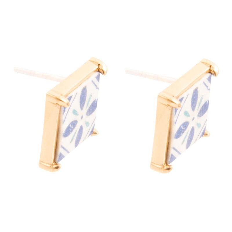 Santorini Dreams Blue and White Tile Post Stud Golden Earrings