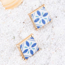 Santorini Dreams Blue and White Tile Post Stud Golden Earrings