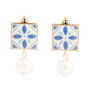 Santorini Dreams Tile Freshwater White Pearl Post Golden Earrings